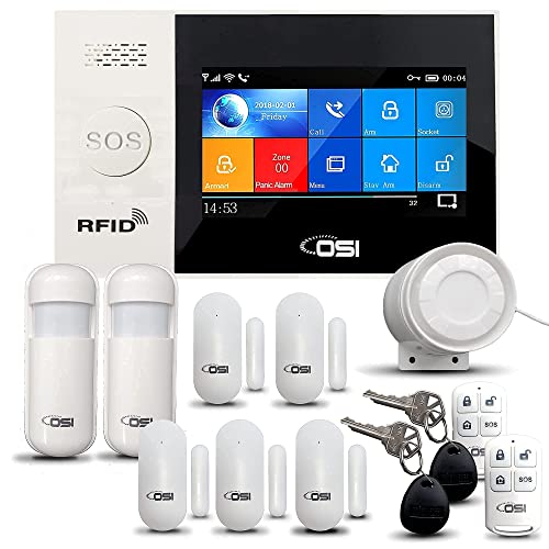 OSI Wireless WiFi Smart Home Security DIY Alarm System - 13 Piece DIY Home Wi-Fi Alarm Kit with Motion Detector,Notifications with app,Door/Window Sensor, Siren,Compatible with Alexa,NO Monthly Fees
