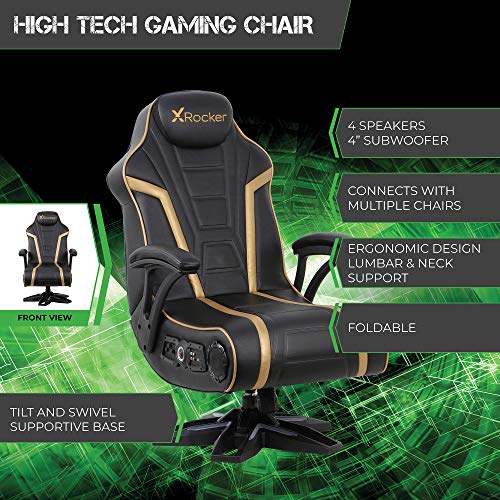 X Rocker 5152301 Trident Pedestal 4.1 Wireless, 31.89" x 25.98" x 40.55", Black/Gold & Wireless Pedestal SE 2.1 PC Office Gaming Chair, 30.7" x 23.2" x 39.76", Black