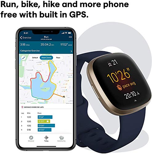 Fitbit Versa 3 Health & Fitness Smartwatch W/ Bluetooth Calls/Texts, Fast Charging, GPS, Heart Rate SpO2, 6+ Days Battery (S & L Bands, 90 Day Premium Included) International Version (Blue/Gold)