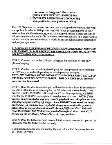 Automotive Integrated Electronics OE Integrated Vehicle CD Player via USB radio connection (USBCDPLAY2) – (See Vehicle Fit Chart PDF)