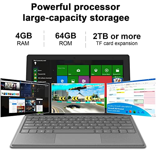 Tablet 10 Inch Windows 10 Tablets with Keyboard Mouse 4GB DDR 64GB Storage 1200X1920 IPS FHD Screen, Dual Camera 3500mA HDMI, BT GPS, 2 in 1 Tablet PC Mini Computer Portable Laptop (Gray)