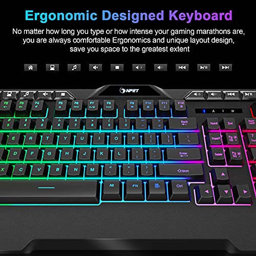 NPET K31 Gaming Keyboard, Wired LED Backlit Computer Keyboard with 10 Dedicated Multimedia Keys, USB Ergonomic Wrist Rest Mechanical Feeling Keyboard for Windows/Desktop/Computer/PC