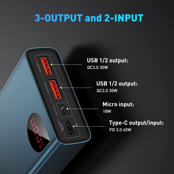 Baseus Power Bank, 65W 20000mAh Laptop Portable Charger, Fast Charging USB C 4-Port PD3.0 Battery Pack for MacBook Dell XPS IPad iPhone 13/12 Pro Mini Samsung Switch