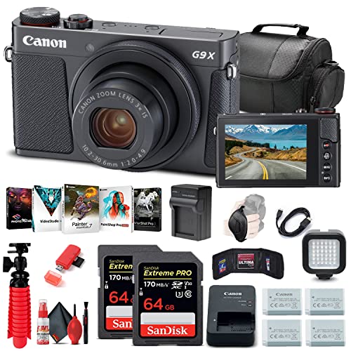 Canon PowerShot G9 X Mark II Digital Camera (Black) (1717C001), 2 x 64GB Memory Card, 3 x NB13L Battery, Corel Photo Software, Charger, Card Reader, LED Light + More (International Model)