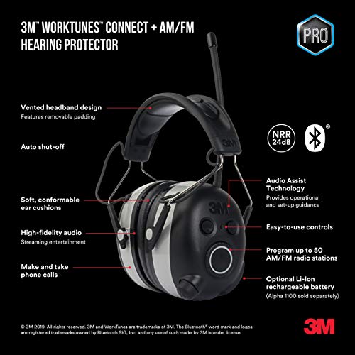 3M WorkTunes Connect + AM/FM Hearing Protector with Bluetooth Technology, Ear protection for Mowing, Snowblowing, Construction, Work Shops