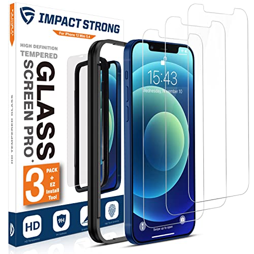 ImpactStrong iPhone 12 Mini Glass Screen Protector (3-Pack) [Easy Install] Heavy Duty Anti-Scratch Anti-Bubble Tempered Glass Film with Installation Tool for iPhone 12 Mini (5.4 Inch) - 3 Pack