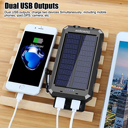 Solar Charger, Durecopow 20000mAh Portable Outdoor Waterproof Solar Power Bank, Camping External Backup Battery Pack Dual 5V USB Ports Output, 2 Led Light Flashlight with Compass (Black)