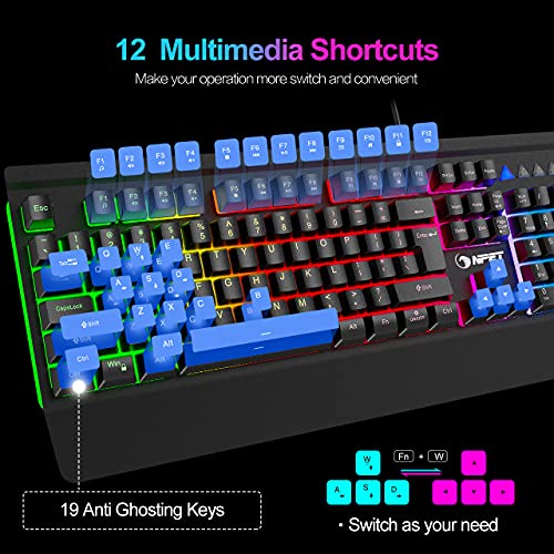 NPET K510 Gaming Keyboard, Wired LED Backlit Computer Keyboard with Ergonomic Wrist Rest, 12 Multimedia Keys & 19 Keys Anti-ghosting USB Full Size Rainbow Keyboard for Laptop/Desktop/PC