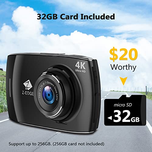 Dash Cam Front and Rear, Z-Edge Dual Dash Cam 4K Built-in WiFi, Touch Screen Car Camera, FHD 1080P with Night Mode, 32GB Card Included, WDR, G-Sensor, Loop Recording, Support 256GB Max