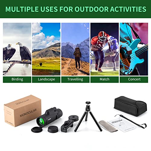 Monocular-12X50 HD Monocular Telescope with Smartphone Adapter,FMC&BAK4 Prism Monoscope with Clear Low Light Vision for Adults Kids Bird Watching Hiking Concert Travel Secenery-Camping Gadgets