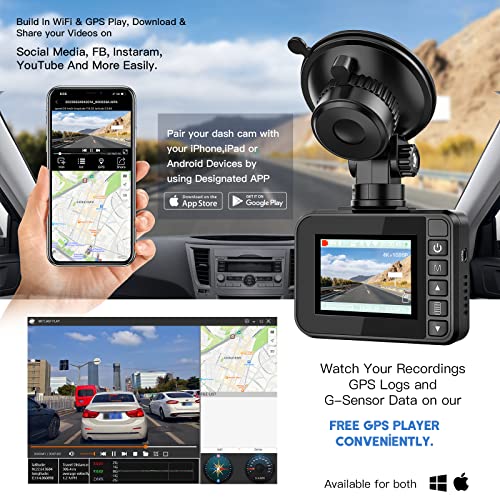 4K Dash Cam Front and Rear, Dual Dash Cam Built-in WiFi GPS Front 4K/2.5K Rear 1080P Dash Camera Car Dashboard Camera Recorder, Sony Sensor, Supercapacitor , Included 32GB Card, Support 256GB Max