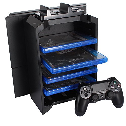 KONKY PS4 Game Storage Tower Controller Charger, Multifunctional Detachable Playstation 4 Console Vertical Stand & CD Game Disk Holder, Blue-Ray Films Storage & PS4 Dual USB Fast Charging Dock