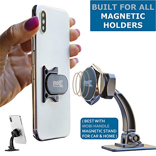 3 Finger Phone Ring Holder Kickstand - MOBI HANDLE Comfy Secure Grip, Scratch Resistant Durable Light Metal for Magnetic Car Mount or Stand, Gift Idea, w/ Wrist Strap [Black]