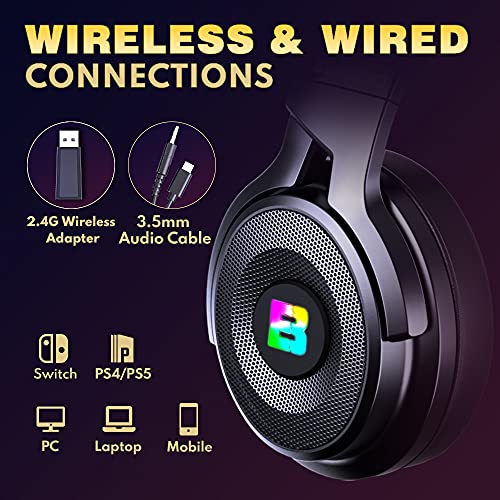 BENGOO 2.4G Wireless Gaming Headset Headphones with Microphone for PS4 PS5 PC, 3.5mm Wired Mode for Switch Xbox Controller, Noise Cancelling Over Ear with 7.1 Surround Sound, Up to 17 Hrs