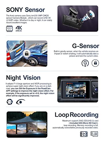 3 Channel 4K Dash Cam for Cars, 4K+2.5K Front and Rear Cabin, 1440P+1440P+1080P Triple Car Camera,Included 64GB Card, with GPS and WiFi Wireless , IPS Screen,24 Hour Parking Mode, APP,Night Vision,WDR