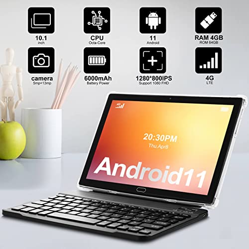 Tablet 10 inch Android 11 4G LTE Tablet PC 2 Sim Slot, 4GB RAM 64GB ROM 128GB Expandable, Google Certified Octa-Core Tablet with Keyboard Pen Case 13+5MP Camera,Phone Call,Bluetooth WiFi GPS Video