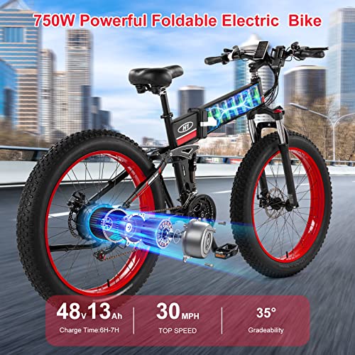 Electric Bike,26''Fat Tire Electric Bike with 48V 13Ah Removable Battery,750W Folding Electric Bike for Adults,30 MPH Electric Mountain Bike,Shimano 21 Speed E-Bike with Phone Charger Mount