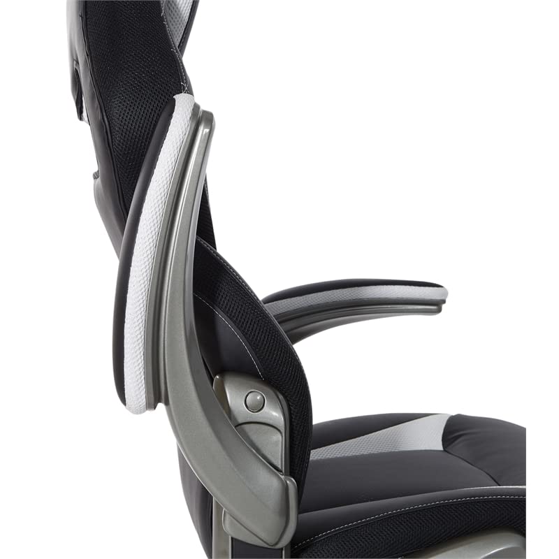 OSP Home Furnishings Oversite Ergonomic Adjustable High Back Faux Leather Gaming Chair with Thick Coil Spring Seat and Padded Flip Arms, White Accents