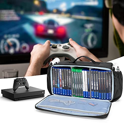 CURMIO Game Disc Storage Bag Holds Up to 24 Discs, Game Disk Travel Case Compatible with PS5/PS4/PS4 Pro/PS3/Xbox One/Xbox 360//Xbox Series X/S, Blue Stripe(Bag Only)