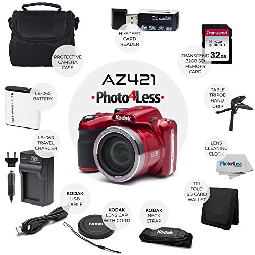 PHOTO4LESS Kodak PIXPRO AZ421 Digital Camera (Red) + Point & Shoot Camera Case + Transcend 32GB SD Memory Card + Extra Battery & Charger + USB Card Reader + Table Tripod + Accessories