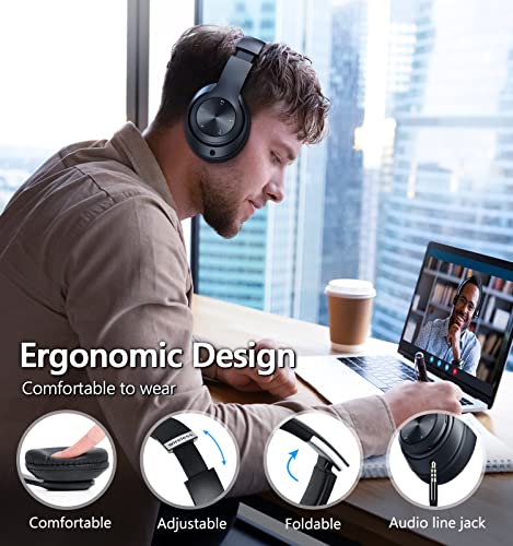 Bluetooth Headphones Over-Ear, 60 Hours Playtime Foldable Lightweight Wireless Headphones Hi-Fi Stereo with 6 EQ Modes, Bass Adjustable Headset with Built-in HD Mic, FM, SD/TF for PC/Home (Black)