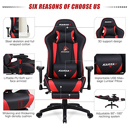 KARXAS Ergonomic Gaming Chair with Footrest High Back Computer Chair PU Leather Office Chair Racing Style Desk Chair Massage Reclining Chair with Headrest and Lumbar Pillow (Red)