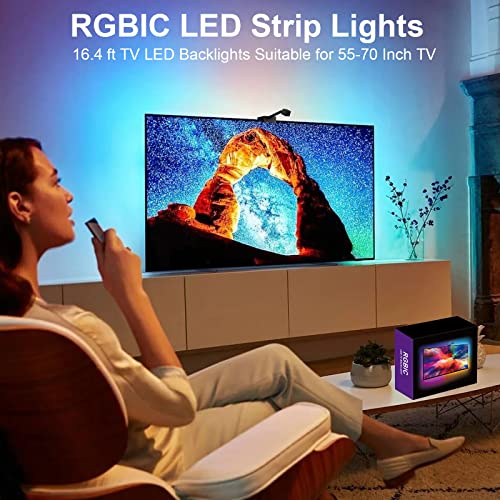 TV LED Backlight with Camera, Dosilkc 1080P WiFi Camera Screen Sync Controller with Phone App, RGBIC LED Lights for TV with Video, Music Rhythm, Scene Mode, 16.4ft Led Strip Lights for 55-70 inch TVs