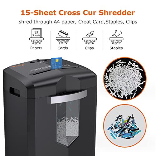 bonsaii 15-Sheet Crosscut Office Paper Shredder, 30-Minute Home Office Heavy Duty Shredder for Credit Card, Mails, Staple, Clip, with 4 Casters & 5.3 Gal Pullout Basket (C267-A)
