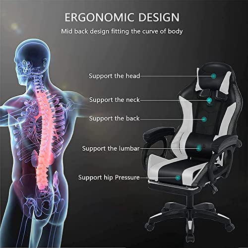 TBQATNTS Gaming Chair with Speakers,Led Gaming Chair,Ergonomic Pro Gaming Chair with Full Massage Lumbar Support Bluetooth Speakers Backrest Adjustable/Gaming Chairs for Adults,White