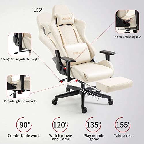 Darkecho Gaming Chair Office Chair with Footrest Massage Vintage Leather Ergonomic Computer Chair Racing Desk Chair Reclining Adjustable High Back Gamer Chair with Headrest and Lumbar Support Ivory