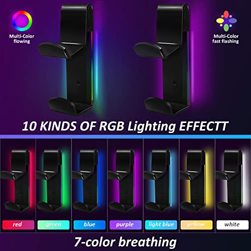 RGB Game Controller Charger & Headset Wall Mount Holder with 10 Lighting Modes & 2 USB Charger Ports, Gamepad & Headphone Hanger for Xbox, Xbox 360, PS3, PS4, PS5, Switch, Great for Gaming Stations, Fancy Desk Gamer Accessories