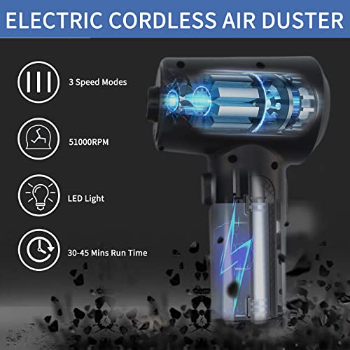 Cordless Air Duster, Electric Air Duster, 3 Gear Speed 51000RPM, Compressed Air Duster with 5 Nozzles&Led Light 6000mAh Rechargeable Battery Noise ≤90DB, Air Duster Computer Keyboard Cleaning.