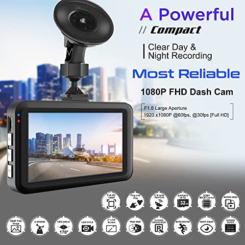 Aigoss 1080P Full HD Dash Cam 3" Screen Dash Camera for Cars with 170° Wide Angle, IR Night Vision, G-Sensor Car Camera Front Support Loop Recording, Parking Monitor, Motion Detection, 32GB Card Max