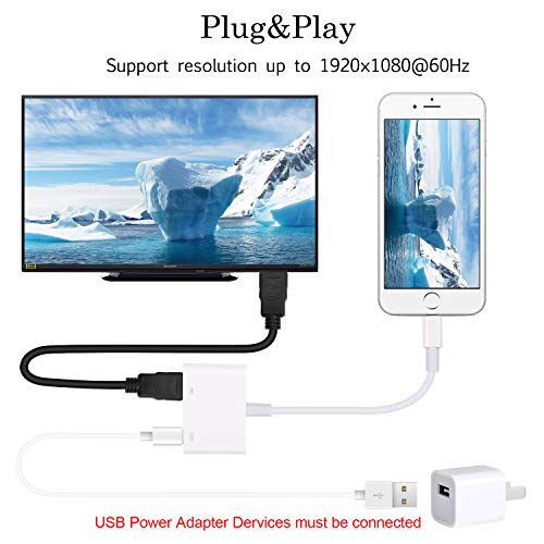 Lightning to HDMI Adapter with Lightning Digital AV Adapter 1080P, Lightning Charging Port White for Select iPhone iPad and iPod Models and HDTV Monitor Projector