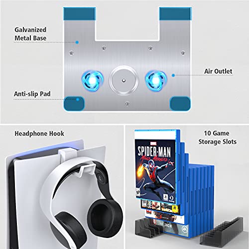 OIVO PS5 Cooling Station with Headset Holder for PS5 Disc & Digital Editions Consoles, PS5 Stand with Cooling Fan and Controller Charger, PS5 Accessories Vertical Stand with 10 Game Rack Organizer