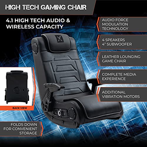 X Rocker Pro Series H3 Black Leather Vibrating Floor Video Gaming Chair with Headrest for Adult, Teen, and Kid Gamers - 4.1 High Tech Audio and Wireless Capacity - Foldable and Ergonomic Back Support