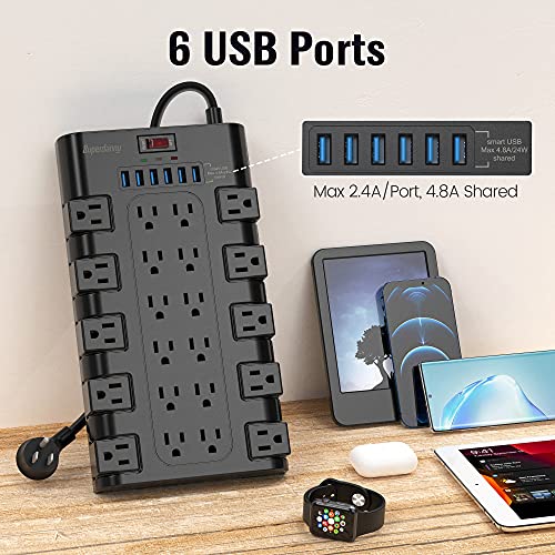 Power Strip, SUPERDANNY Surge Protector with 22 AC Outlets and 6 USB Charging Ports, 1875W/15A, 2100 Joules, 6.5Ft Flat Plug Heavy Duty Extension Cord for Home, Office, Dorm, Gaming Room, Black