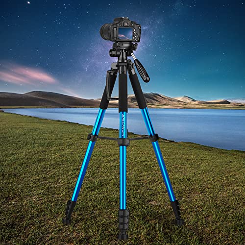 JOILCAN 74" Camera Tripod Stand for Canon Nikon DSLR, Lightweight Travel Video Aluminum Cell Phone Tripod with 2PC Quick Plates and Universal Phone Mount 15lb Load (Blue)
