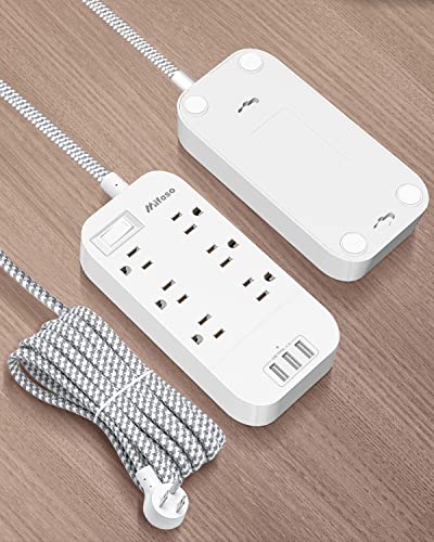 Power Strip - 10 FT Long Flat Plug Extension Cord, 6 Outlets 3 USB Ports Outlet Extender with Overload Protection, Wall Mount, Desktop Charging Station for Home, Office and Dorm Essential