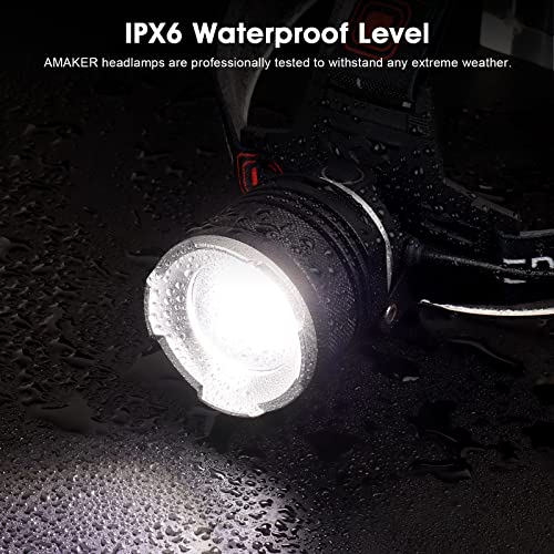 AMAKER LED Rechargeable Headlamp, 90000 Lumens Super Bright with 5 Modes & IPX6 Level Waterproof USB Rechargeable Zoom Headlamp, 90° Adjustable for Outdoor Camping, Running, Cycling,Climbing, Etc.