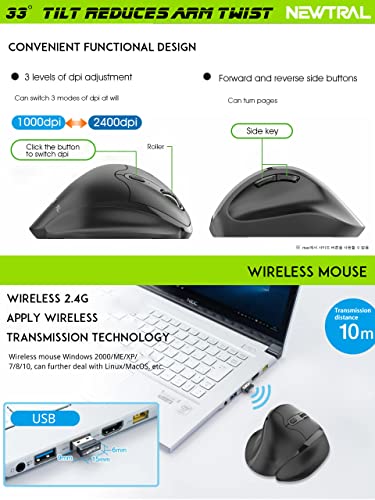 Newtral Ergonomic Mouse,Unique 33 Degree Vertical Wireless Mouse - 2.4GHz Optical Vertical Mice : 3 Adjustable DPI 800/1200/1600 Levels, for Laptop, PC, Computer,Notebook etc, Right Hand( Medium)