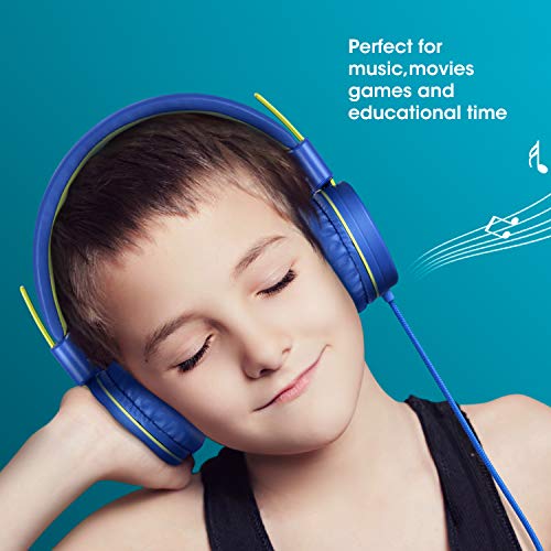 Kids Headphones with Microphone noot products K12 Stereo 5ft Long Cord with 85dB/94dB Volume Limit Wired On-Ear Headset for iPad/Amazon Kindle,Fire/Toddler/Boys/Girls/School/Travel/Plane(Blue/Lime)