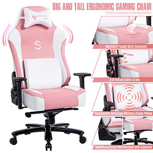 FANTASYLAB Big and Tall 400lb Massage Memory Foam Gaming Chair Adjustable Tilt, Back Angle and 3D Arms High-Back Leather Racing Executive Computer Desk Office Chair, Metal Base (Pink)