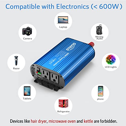 Geargo 600W Car Power Inverter DC 12V to 110V with 4.8A Dual USB Ports and 2 AC Outlets 12V Power Inverters for Vehicles （Blue）