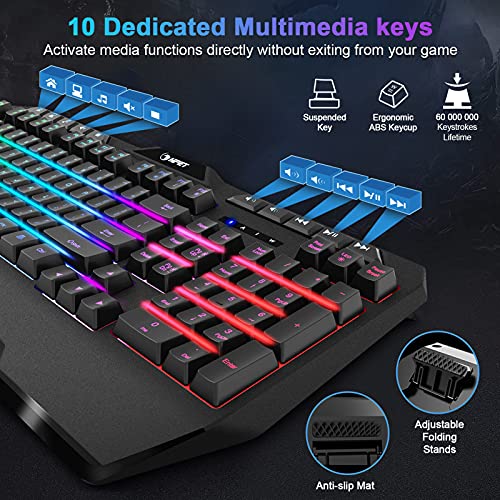 NPET K31 Gaming Keyboard, Wired LED Backlit Computer Keyboard with 10 Dedicated Multimedia Keys, USB Ergonomic Wrist Rest Mechanical Feeling Keyboard for Windows/Desktop/Computer/PC