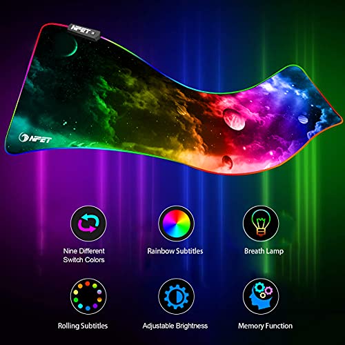 NPET MP02-05 Gaming Mouse Pad, Cloth Mouse Pad, Anti-Slip Base, RGB Backlit, Stitched Edges, Water-Resistant, Optimized for Gaming Sensors, XL