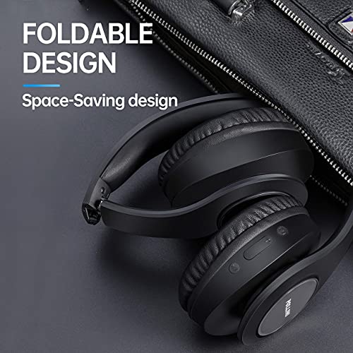 Bluetooth Headphones Wireless, pollini 40H Playtime Foldable Over Ear Headphones with Microphone, Deep Bass Stereo Headset with Soft Memory-Protein Earmuffs for iPhone/Android Cell Phone/PC (Black)