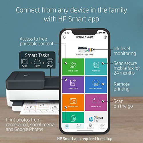 HP Envy Pro 6475 Wireless All-in-One Printer, Includes 2 Years of Ink Delivered, Mobile Print, Scan & Copy, Compatible with Alexa (8QQ86A)