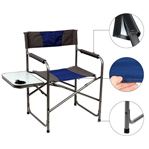 Portal Steel Frame Folding Outdoor Director's Camping Chair with Side Table, Blue/Grey