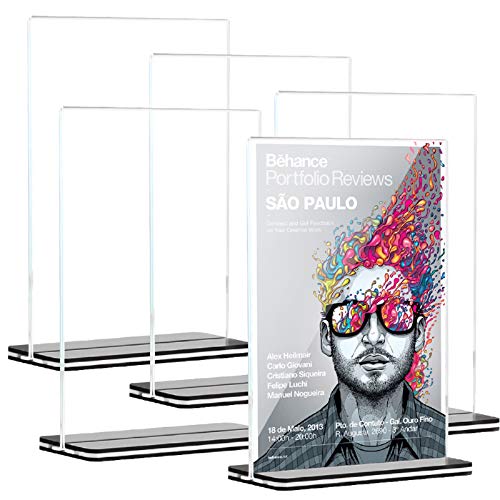 [5 Pack] 8.5 x 11 inch Office Table Sign Display Holder, Attom Tech T-Shape Black Base Portrait-Style Double-Sided Menu Display, Slant Ad Photo Frame Brochure Holder, Clear Acrylic 8.5 x 11 inches